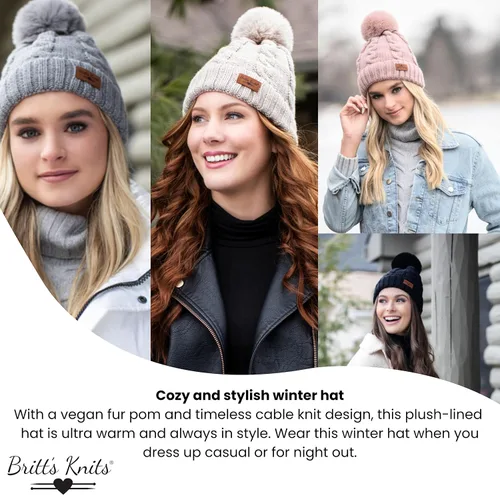 Vista 5 de Britt's Knits Cozy Classics - Gorro de invierno con pompones de piel acogedora para mujeres y niñas
