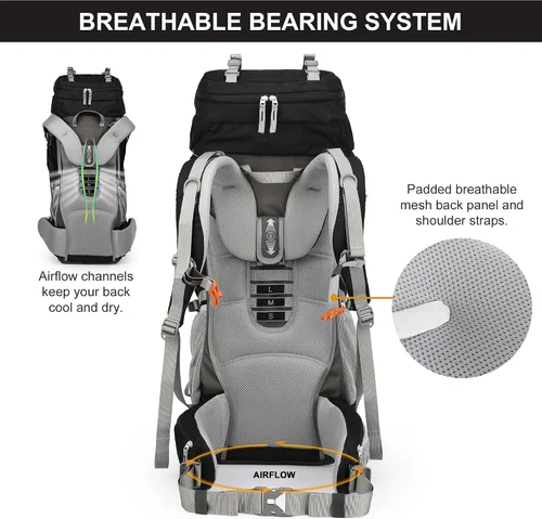 Vista 6 de MOUNTAINTOP 70L - Mochila con marco interno para camping, senderismo, mochila para hombres y mujeres con cubierta de lluvia Negro-70L