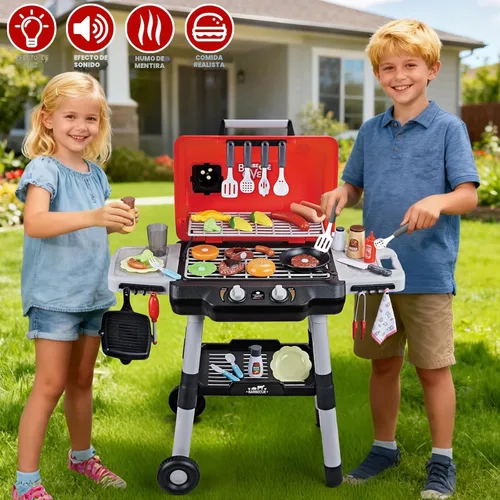 Vista 4 de Juguetes de cocina para niños, juego de parrilla de barbacoa para niños con humo, sonido y luz, juguete de barbacoa de 2 niveles con rueda, juguetes