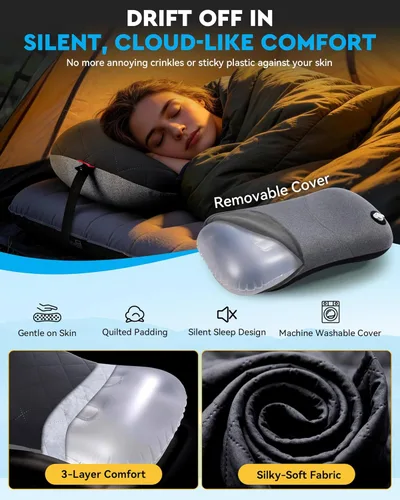 Vista 5 de Almohada de camping Hikenture con funda extraíble - Almohada ultraligera e inflable para soporte lumbar y cervical - Almohada de mochila mejorada