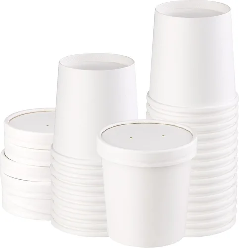 Vista 10 de Paquete de 25 recipientes de sopa de 8 onzas con tapas, taza de sopa de papel desechable, recipientes de papel para alimentos con tapas, recipiente