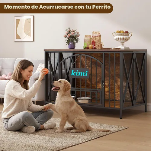 Vista 8 de BOINN Mueble plegable para perros de 41.3 pulgadas, no se ensambla, para perros de interior, jaulas de madera para perros con cuencos giratorios