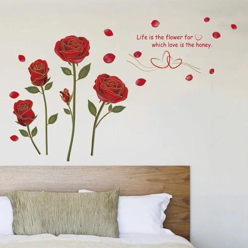 Vista 3 de Murales adhesivos de pared extraíbles de rosa roja para sala de estar/dormitorio (rosa, n.º 1)