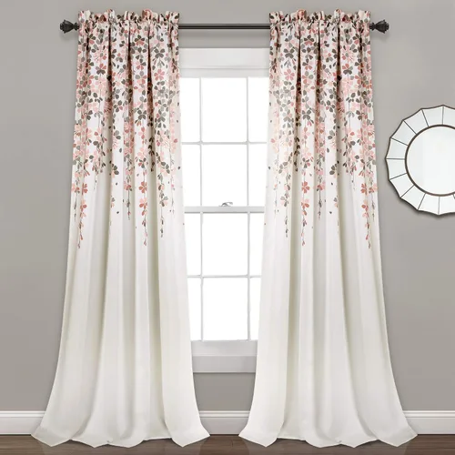 Vista 32 de Lush Decor Cenefa para ventana con flores que lloran, filtro de luz, azul y gris