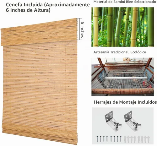 Vista 4 de Persianas romanas de bambú, sin cordón, de nogal personalizado, opacas, oscurecimiento de la habitación, persianas de madera tejida, persianas