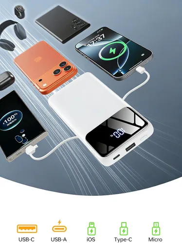 Vista 7 de Banco de energía cargador portátil con cables integrados y enchufe de pared, paquete de batería USB-C delgada de 10000mAh, cargador portátil