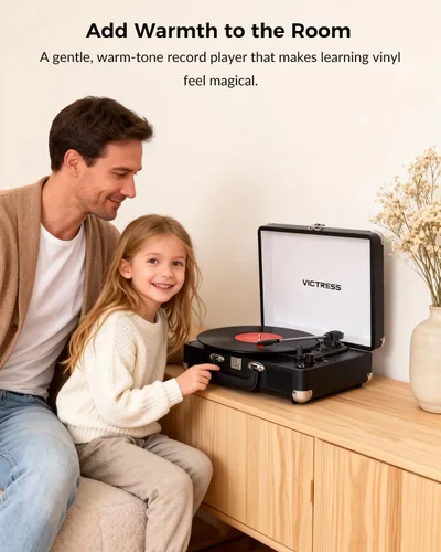 Vista 12 de Tocadiscos de vinilo con entrada y salida Bluetooth, tocadiscos portátil vintage de maleta, tocadiscos LP de 3 velocidades con conversión de vinilo