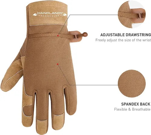 Vista 7 de HANDLANDY Paquete - 2 pares: guantes largos de jardinería para poda de rosas, guantes de trabajo de patio resistentes para mujer, color beige