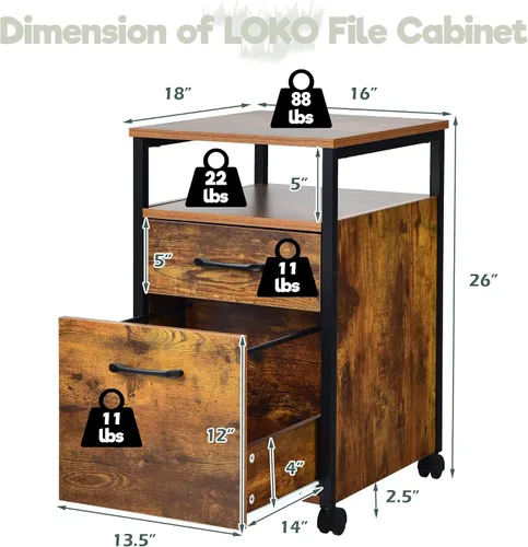 Vista 3 de LOKO Archivador móvil de 2 cajones, archivador rodante para debajo del escritorio con estante abierto, soporte de impresión con ruedas, archivador