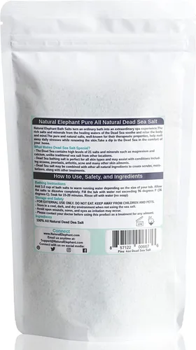Vista 2 de Natural Elephant Sal de baño del Mar Muerto 0.25 libras (4 onzas) Tamaño de prueba 100% natural y puro Grano fino Perfecto para bañarse