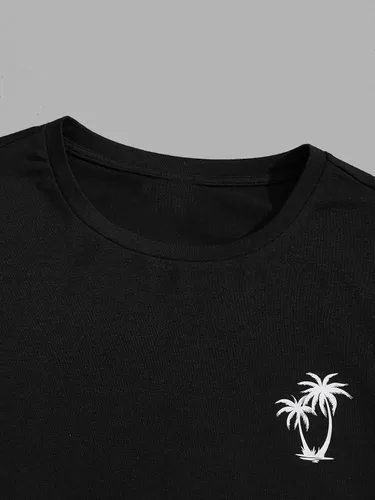 Vista 4 de GORGLITTER Conjunto de 2 piezas de camiseta gráfica de manga corta para hombre, estampado hawaiano con cordón y pantalones cortos