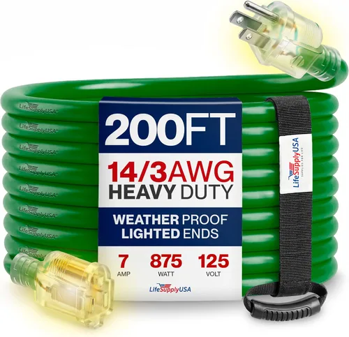 Vista 136 de Cable de extensión SJT de 12/3 300 V con luz LED para uso en interiores y exteriores con enchufe con iluminación LED Amarillo