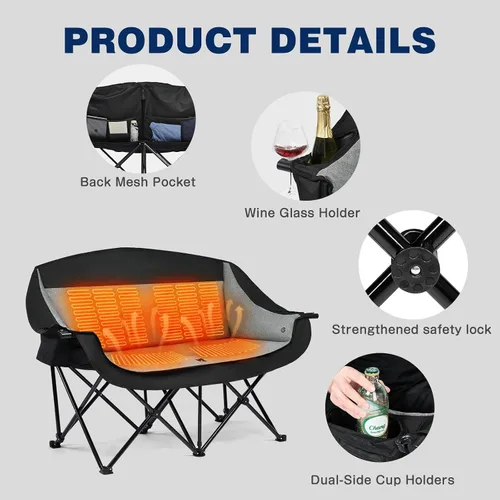 Vista 8 de Silla de camping doble con calefacción Apollo Walker - Sillón de camping extra ancho y resistente de 272kg con calefacción ajustable, soporte dual