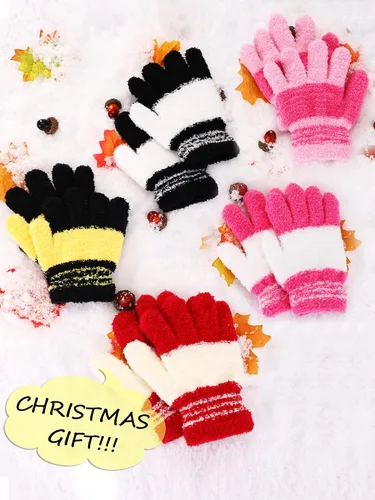Vista 7 de SATINIOR 5 pares de guantes de dedos completos para niños, guantes de punto cálidos guantes de invierno para niños pequeños y niñas, suministros