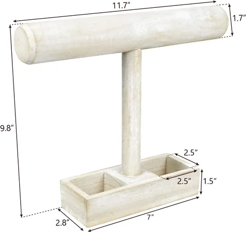 Vista 2 de MOOCA Soporte de exhibición ligero de madera para joyas con barra en T con bandeja de almacenamiento de 2 compartimentos para pulseras, relojes