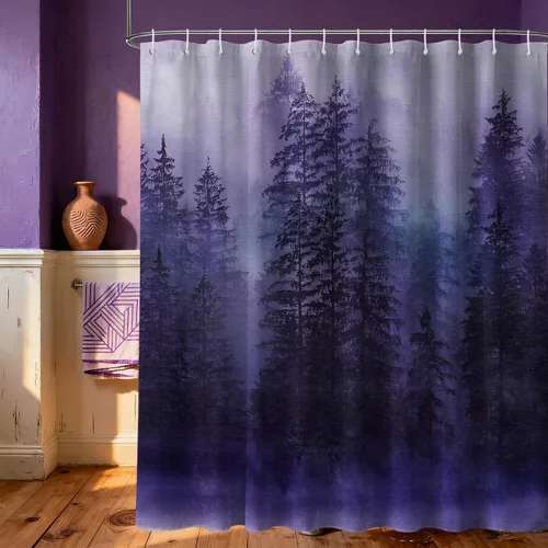 Vista 10 de Cortina de ducha estrecha para hombre, diseño de bosque negro y gris, para casa rodante, juego de decoración de baño, tela impermeable con ganchos