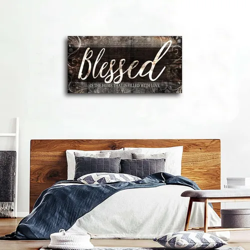 Vista 5 de MESESE Arte de pared en lienzo con cita para el hogar bendecido Decoración de pared marrón para sala de estar Blessed is the home Christian Wall