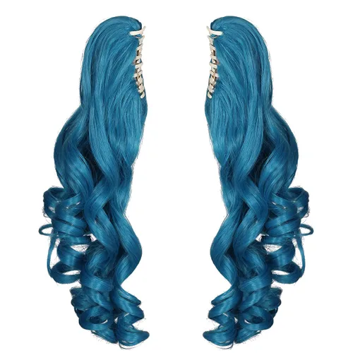 Vista 5 de ColorGround Peluca larga y rizada para cosplay con 2 colas de caballo (azul celeste)