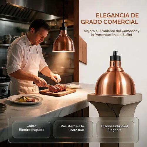 Vista 4 de Lámpara de calor comercial para alimentos y papas fritas para colgar servicio de alimentos (diámetro de 9.8 in (cobre))