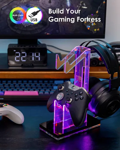 Vista 7 de OAPRIRE Headset and Controller Stand with Lights, 2 Tier Acrylic Game Controller Holder, Controller and Headset Stand for Desktop,Universal Design