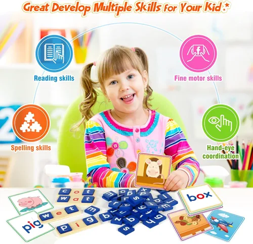 Vista 7 de Juguetes de aprendizaje para niños de 3, 4, 5 años - Juego de clasificación y lectura de 116 piezas con letras de vocales cortas, juego