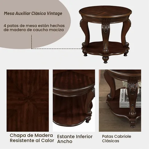 Vista 5 de Mesa de café ovalada de madera para sala de estar, mesa de café de dos niveles de madera maciza con estante de almacenamiento abierto, mesa