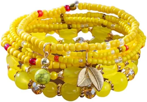 Vista 13 de 4 piezas de juego de pulseras bohemias apilables de múltiples capas con cuentas de cristal coloridas, pulseras elásticas con cuentas de oro Verde