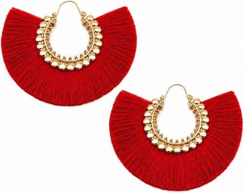 Vista 34 de Aretes de aro con borla, aretes colgantes de hilo de declaración, elegantes aretes largos con flecos, ligeros, largos y con gancho francés, para un