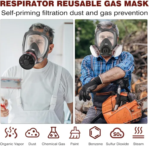 Vista 7 de Máscara respiradora de cara completa, máscaras de gas de supervivencia nuclear y química para pintura, soldadura, trabajo industrial