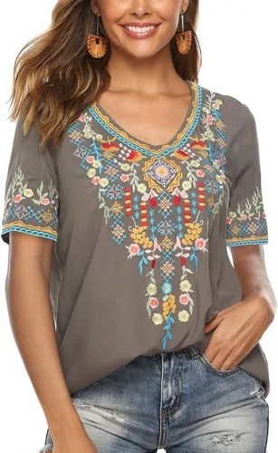 Vista 2 de AK Blusa casual de verano con cuello en V para mujer, estilo bohemio, bordado, mexicano, campesino, de manga corta, blusa casual suelta