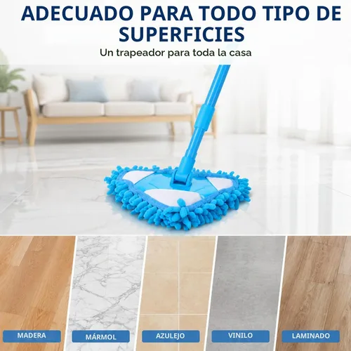 Vista 5 de Trapeador de limpieza triangular ajustable giratorio de 180°, mopas húmedas y secas con mango largo extensible, trapeador de limpieza con 2 Azul