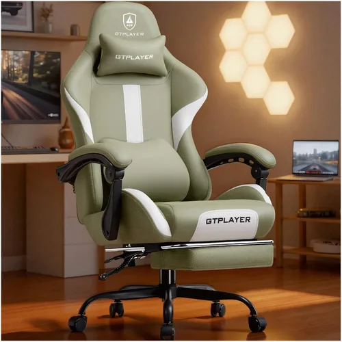 Vista 19 de GTPLAYER Silla de juegos con cojín de resorte de bolsillo, silla de oficina de cuero con respaldo alto ergonómico y soporte lumbar para aliviar