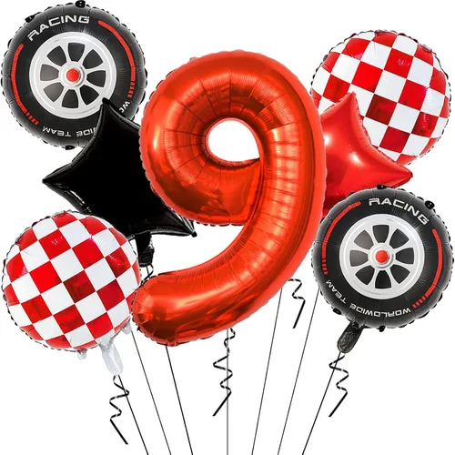 Vista 15 de Globos de auto de carreras para decoración de cumpleaños – Globos rojos de Mylar número 1 de 40 pulgadas – Globos rojos de aluminio rojo