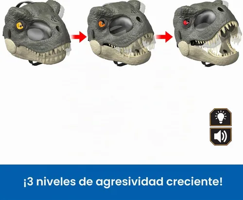 Vista 4 de Mattel Jurassic World Rebirth T-Rex Rage N Roar Máscara con ojos LED que se iluminan, acción de parpadeo con efecto de agresión de 3 niveles