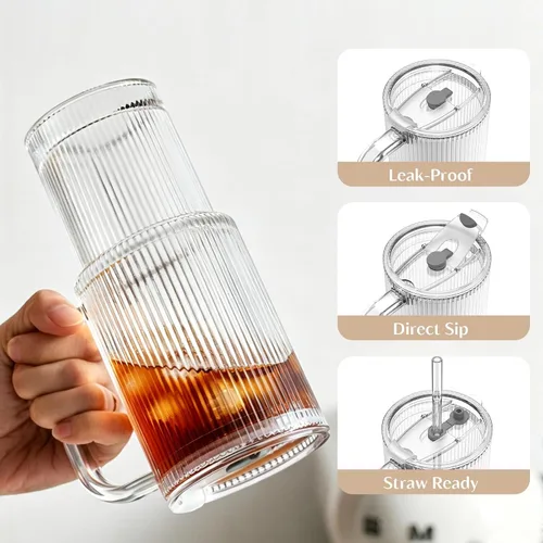 Vista 5 de INSETLAN Vaso de vidrio acanalado de 24 onzas con asa y tapa, paquete de 2 tazas grandes para café helado con pajitas, taza de vidrio moderna
