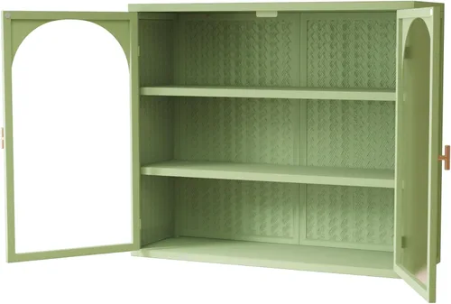 Vista 7 de Armario de baño montado en la pared con 2 puertas de vidrio, 3 estantes de metal, armario colgante de metal, armarios de pared con puertas