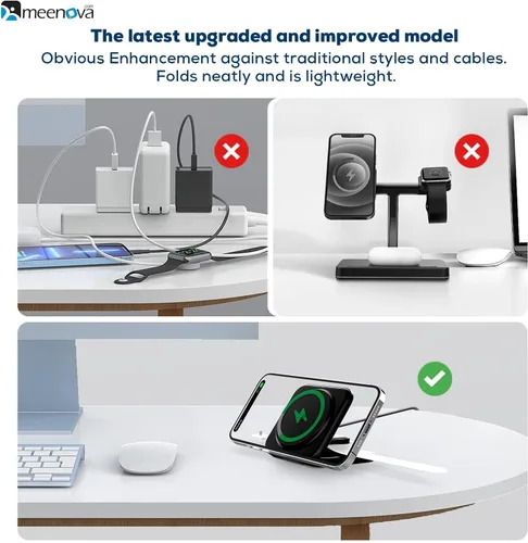 Vista 3 de Meenova Cargador inalámbrico plegable 3 en 1 compatible con MagSafe, Apple iPhone 15 14 13 12, reloj, AirPods, ligero portátil, fuerte atracción