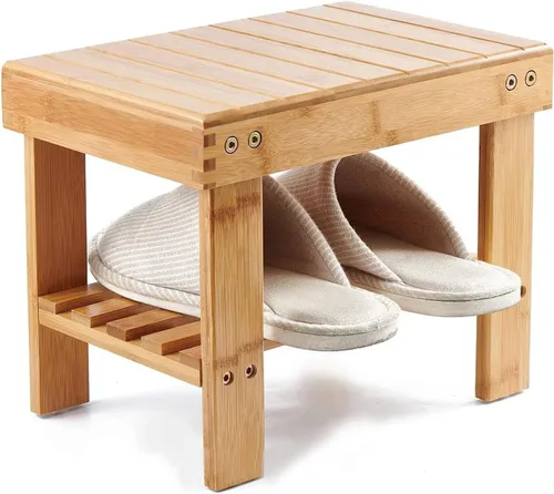 Vista 8 de HOIGON Paquete de 2 taburetes de ducha de bambú de 13 pulgadas, taburete de madera con carcasa de almacenamiento, taburetes antideslizantes
