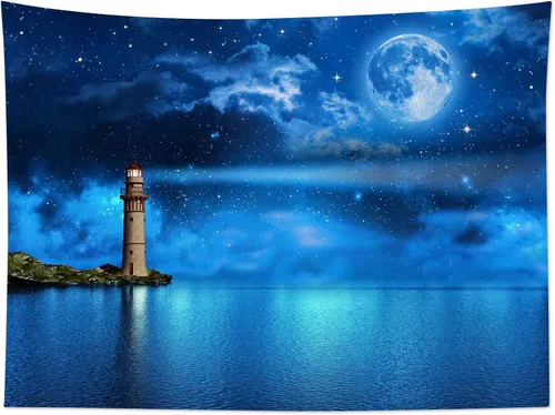 Vista 5 de HVEST Tapiz de luna y cielo nocturno para colgar en la pared, luna llena y galaxia estrellada con faro sobre el océano, tapiz colgante de pared