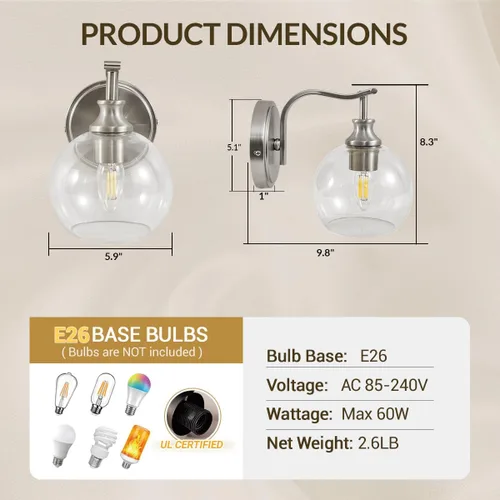 Vista 2 de ANDY STAR Lámparas de baño de níquel cepillado, luces de tocador de 1 luz, apliques modernos de pared de baño con pantalla de vidrio transparente