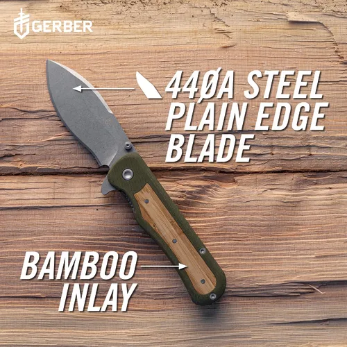 Vista 3 de Gerber Gear Confidant - Cuchillo de bolsillo EDC, cuchillo plegable de borde liso de 3.2 pulgadas, verde OD y bambú
