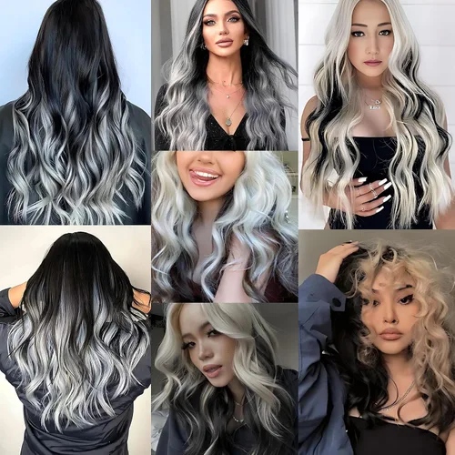 Vista 6 de 10 extensiones de cabello sintético rizado y ondulado negro con clip, reflejos de fiesta de neón arcoíris, accesorios de cabello coloridos