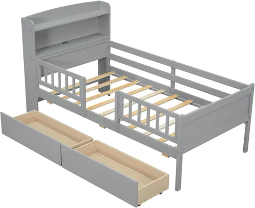 Vista 7 de P PURLOVE Cama de plataforma de tamaño individual con cabecera de almacenamiento, marco de cama de madera con luz LED integrada, cama de plataforma
