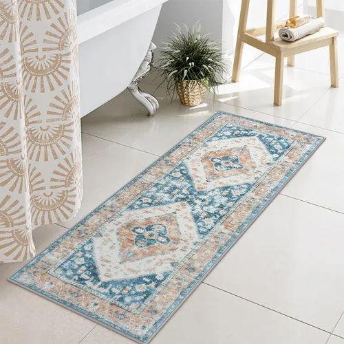 Vista 8 de Uphome Alfombra de Baño Azul Boho Desgastada Alfombra de Baño Oriental Suave de Pelo Largo Antideslizante Alfombra de Baño Lavable a Máquina Vintage