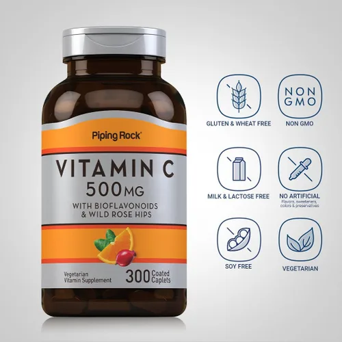 Vista 3 de Piping Rock Vitamina C 500mg 300 cápsulas Suplemento para mujeres y hombres con rosa HIPS y bioflavonoides Vegetariano, sin OMG, sin gluten