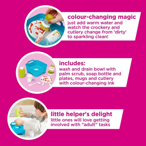 Vista 5 de Casdon Joseph Joseph Wash & Scrub. Juego de lavado para niños mayores de 3 años. Incluye cubiertos y vajilla que cambian de color para un juego