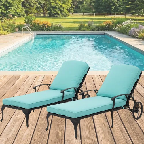 Vista 8 de Chaise Lounge - Silla de patio con ruedas, ajustable, reclinable, resistente al óxido, de aluminio fundido junto a la piscina, cojín beige