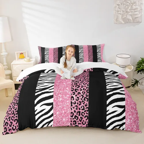 Vista 35 de Juego de funda de edredón para niños, tamaño individual, diseño de cebra y leopardo con purpurina, decoración de habitación para niñas y mujeres