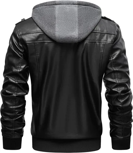 Vista 3 de INVACHI Men's Faux Leather Jacket, Motorcycle Bomber with Removable Hood Un negro