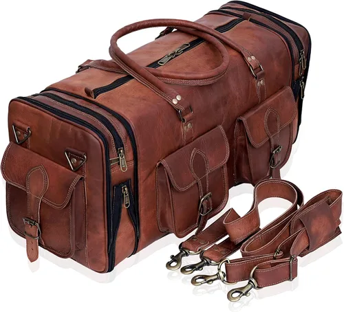 Vista 3 de Bolsa de lona de cuero genuino de 24 pulgadas, hecha a mano, vintage, bolsa de equipaje para hombres, bolsa de viaje para hombre, bolsa de lona